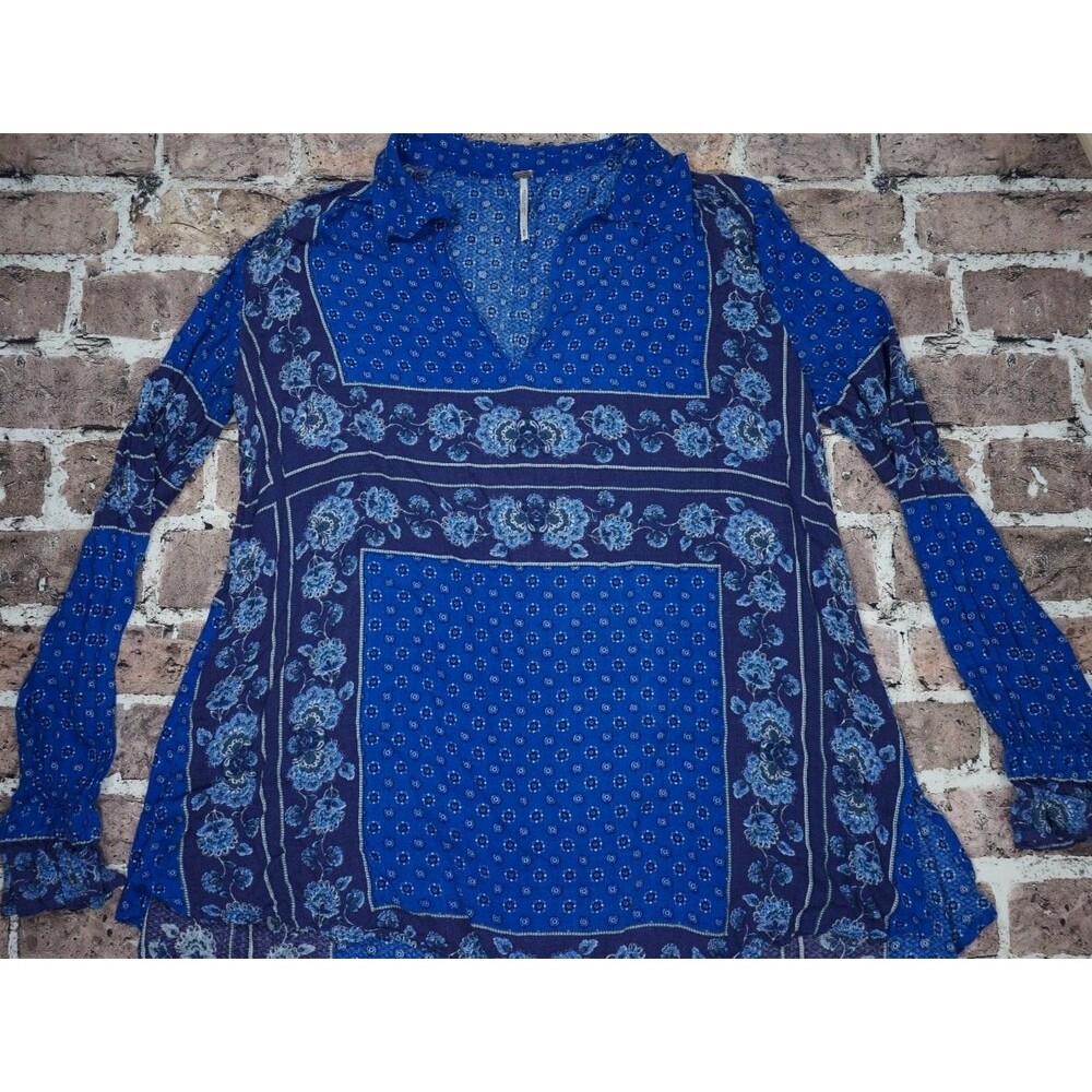 Free People Boho Floral Tunic Blouse Women M Blue Mixed Print  Long Sleeve Top